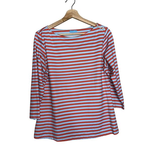J. McLaughlin Wavesong Stripe Boat Neck 3/4 Sleeve Button Shoulder Tee Large - Picture 1 of 5